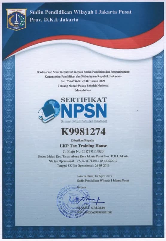 Sertifikat izin pendidikan NPSN Tax Training House